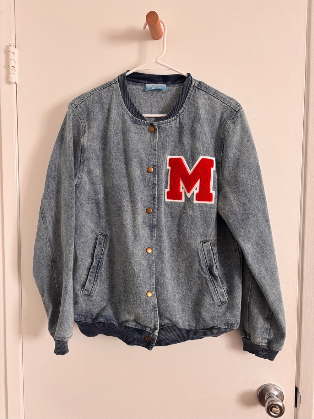 Show Me Your MuMu Denim Bomber Jacket with Red 'M' Patch